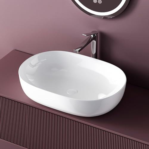 EMKE Design Waschbecken, Oval Aufsatzwaschbecken, 60 x 41 cm, Weiß, Kratzfest & Pflegeleicht, Leicht zu Reinigen & Installieren, Hochwertiges Waschbecken Bad