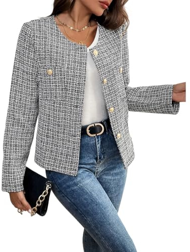 AUKLETBLIEF Veste blazer en tweed pour femme – Manches longues, grande taille, col rond, manteau business décontracté, chic et confortable pour toutes les occasions, Noir , XL