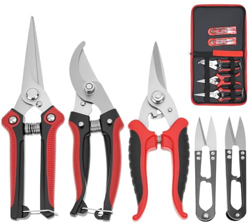 QWORK® 5 piezas tijeras de podar de jardín, acero inoxidable, con mangos de agarre cómodo y mecanismo de bloqueo seguro,Incluye bolsa de almacenamiento.