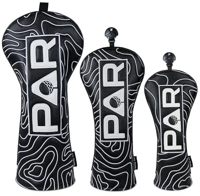 Golf Club Head covers Wood Set 3 PACKS 1FH DR FW UT for Driver Fairway Hybrid with No.Tag Elastic Closure Black PU Leather White PAR Pattern