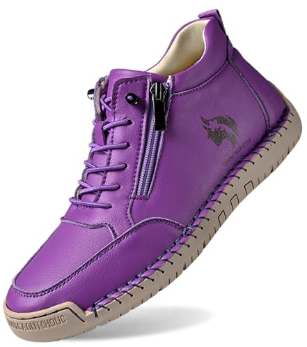 Zapato de piel para mujer, antideslizante, costuras hechas a mano, altura con cordones, zapatos descalzos con cremallera, otoño e invierno, ocio, talla grande, mocasines, morado, 43 EU
