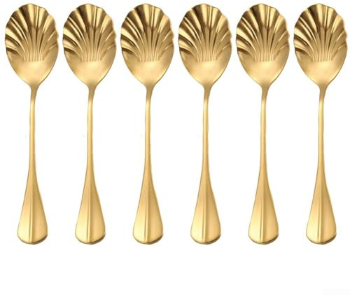 Eawfgtuw Cuchara de postre de acero inoxidable con diseño en forma de concha y mango largo, juego de 6 unidades para restaurante, boda y cena de fiesta, disponible en oro (dorado)