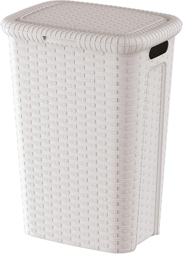 Coffre à linge en plastique 53 L – Coloris Blanc – Aspect osier tressé – Avec Poignées – 44x33x59 cm – Fabriqué en France – Idéal salle de bain, buanderie, chambre - M home by Mazzei Mondex