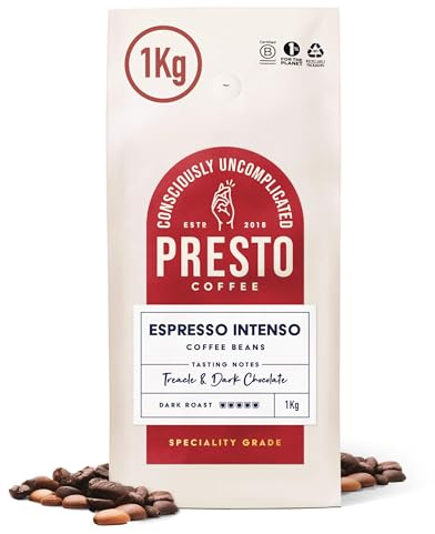 Presto Coffee | Seriously Strong Coffee Beans 1kg | Dark Roast | Chocolate & Toasted Almond Notes | Rainforest Alliance Certified 50/50 Blend | Perfect for Bean-to-Cup Coffee Machines (Pack of 1kg)