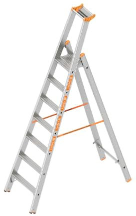 Layher Stufenstehleiter einseitig begehbar 7 Sprossen / 245 cm Länge TOPIC 1064 Stehleiter Leiter Stufenleiter Bauleiter Leiter ALU