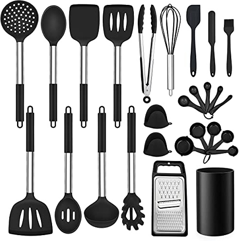 LIANYU 27 PCS Kitchen Utensils Set with Holder, Silicone Cooking utensils Spatula Set with Stainless Steel Handle, Kitchen Cooking Gadgets Tools for Nonstick Cookware Set, Heat Resistant, Black
