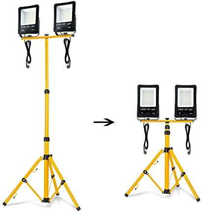NAIZY Faretto da Costruzione LED 100W*2 8500LM Faretti Proiettore LED con Treppiede e Cavo 3 metri Impermeabile IP66 per Garage da Cantiere (2 * 100W Bianco Freddo + Treppiede)