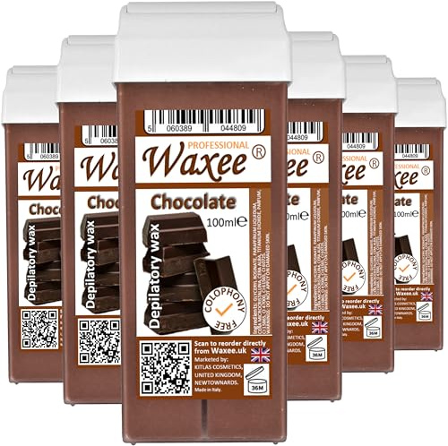 6 cartucce di cera roll-on da 100 ml, ricarica di cera a rullo, COLOPHONY FREE, Waxee (Roll on Wax Chocolate)