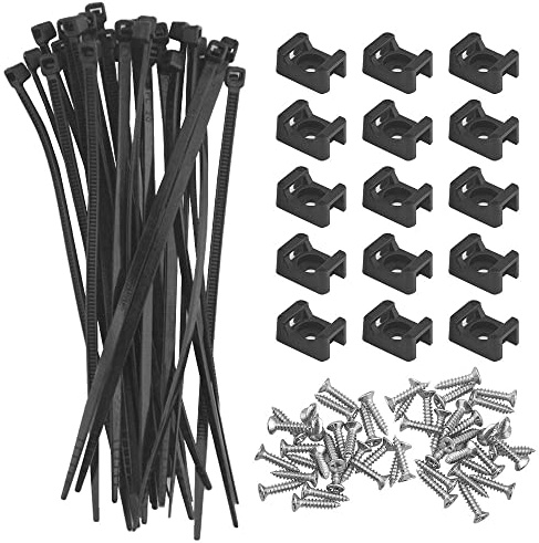 BGTXINGI 100 bases de montaje de cable tipo silla de montar con clip de cable, organizador de cables y 100 bridas de cremallera para cable con 100 tornillos de cabeza plana de rosca profunda, gestión