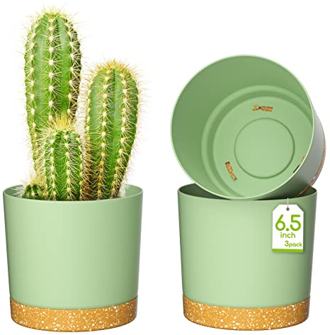 ZMTECH 16.5cm Plant Pots, Modern Planters with Drainage Holes and Detachable Saucer, Plastic Flower Pots for Plants for House Garden Windowsill (Set of 3, Green)