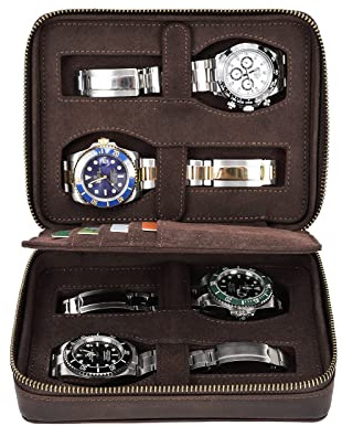 Hiram Estuche de viaje multifuncional para 4 relojes, caja de almacenamiento portátil de cuero genuino, caja organizadora de relojes para hombres y mujeres