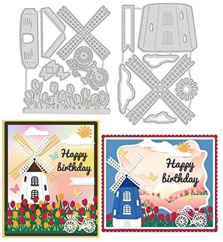 INFUNLY Windmühle Gestanzte Fahrrad-Metallstanzform Für Die Kartenherstellung, Bauernhaus-Stil, Tulpen, Blume, Prägeschablone, Vorlage Für Scrapbooking, Papier, Basteln, Album, Briefmarken, DIY-Dekor