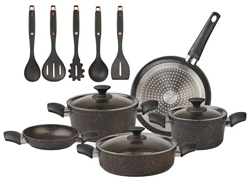 Karaca Biogranit BlackGold Set di pentole da 13 pezzi, 10 pezzi, Oro Nero, Senza PFOA, Lavabile in lavastoviglie, Alta tecnologia, superfici utilizzabili per carne, pesce, uova