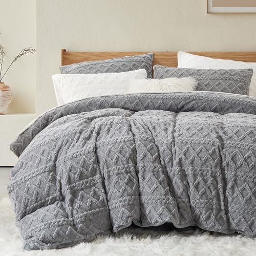 Lanqinglv Plüsch Bettwäsche 135x200 Grau Fleece Flanell Flauschig Winterbettwäsche Sherpa Warme Getuftet Cashmere Touch Kuschelige Bettbezug mit Reißverschluss und 1 Kissenbezug 80x80 cm