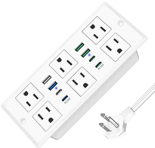 VILONG 14 in 1 Recessed Power Strip with PD 45W USB-C, Flush Mounted Drawer Outlet, 6 Outlets & 8 USB Ports, 45° Flat Plug, 6FT Extension Cord, Conference Desktop Built in Power Strip(White)