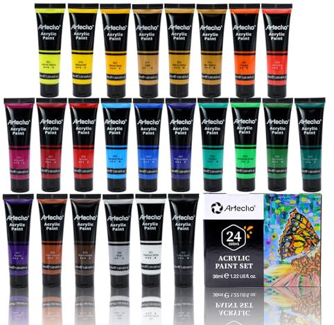 Artecho Acrylfarben Set 24 x 36 ml, Acrylic Paint Set, Wasserfest und Lichtecht, Schnell Trocknend, ideal für Leinwand, Papier und Stoffe, Geschenke zu Weihnachten und anderen Feiertagen