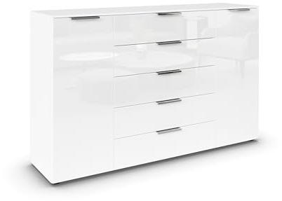 Rauch Möbel Flipp, Kommode, Farbe Glas Weiß, Breite 160 cm | Sideboard, 2-türig, 5 Schubladen, Glasfront, Soft-Close-Funktion, für Schlafzimmer, Gästezimmer, Wohnzimmer, Garderobe, Flur