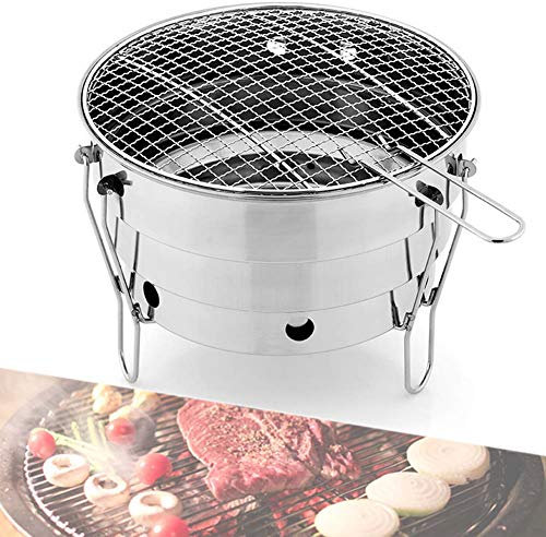 WolFum Mini-Holzkohlegrill für den Außenbereich, runder Mini-Holzkohlegrill aus Edelstahl, faltbares Grillnetz für Holzkohle, zum Camping-Picknick-Kochen im Freien, geeignet für 2–4 Personen (28 x