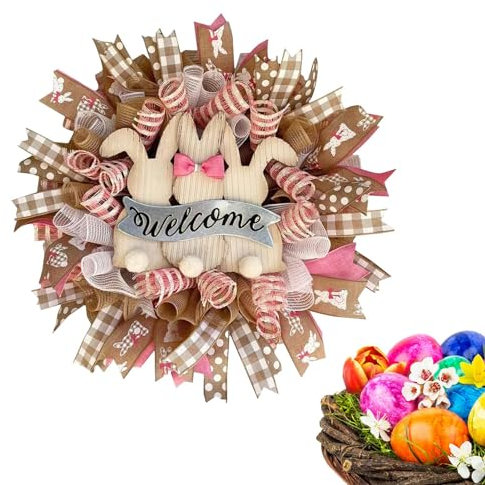 Osterkranz für Haustür, Frühlingstürkranz, Willkommenskranz, Frühlings-Heimdekoration, Osterkranz mit Hasen und Bändern, 30 cm Urlaubsdekoration