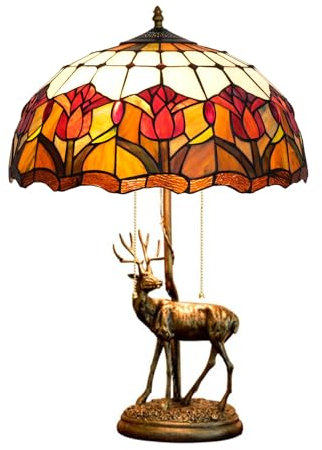 BOTOWI Tulip Lampe Tiffany Stil Tischlampe Buntglaslampe, Elch Basis Schreibtischleuchte, 16X16X23 Zoll Home Decor Beleuchtungskörper 2 Leuchten,Rot