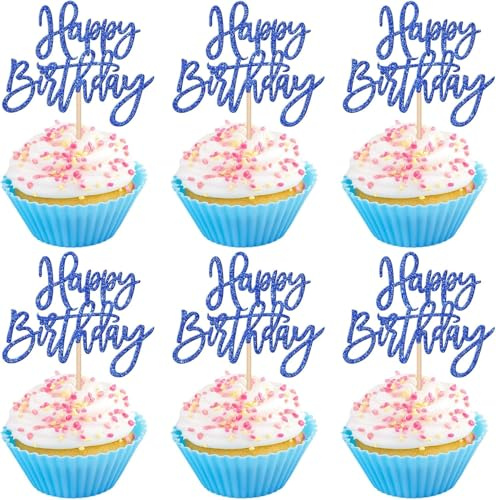 24 Stück Geburtstag Tortendeko Glitzer Happy Birthday Cupcake Toppers Gute zum Geburtstag Kuchen Deko für Geburtstag Jahrestag Thema Party Kuchen Dekorationen Dunkel Blau
