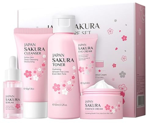 SAKURA Ensemble de soins de la peau pour femmes et filles avec nettoyant, sérum pour le visage, crème tonique, crème pour les yeux, ensemble de soins de la peau pour femmes, adolescentes, filles