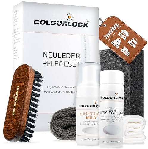autopflege COLOURLOCK Lederpflege Set Neuleder | Leder Pflege Set geeignet für Auto Sofa Couch uvm. | Lederreiniger Mild + Leder Versiegelung + Reinigungsbürste + Reinigungsschwamm + Tücher