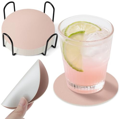 12 pièces Dessous de Verre en Cuir PU, avec Support de Rangement en Métal, Dessous de Table Antidérapants 10cm Double Face pour Verres à Bière, Tasses (Rose/Argent)