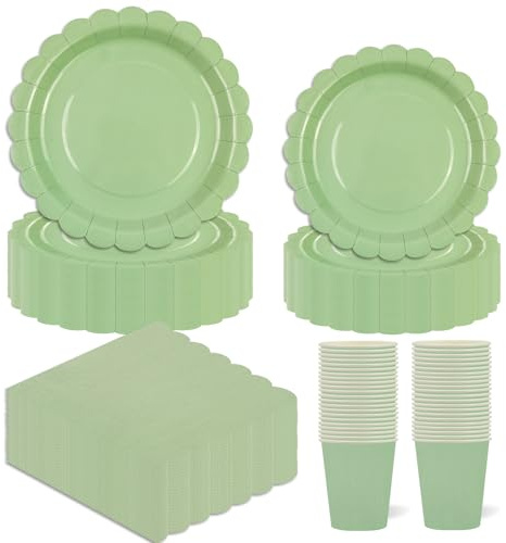 EVYIENEN Salbeigrün Partygeschirr, 96 Stück Pappteller Set für 25 Gäste, Party Pappteller Becher Servietten Partyteller Partyset Süße Party, für Babypartys,Geburtstag,Hochzeiten,Muttertag