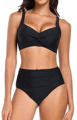 Women's Bikini Sets Twist-Front V Neckline High Waisted Tummy Control Two Piece Swimsuit Swimming Costumes Black,L
