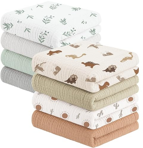 Susurration Mulltücher Baby Spucktücher,8er-Pack 100% Baumwolle Spucktücher Baby für Jungen und Mädchen, Weich, Atmungsaktiv und Extrem Saugfähig Musselin 60x60cm(Braun-Grün)