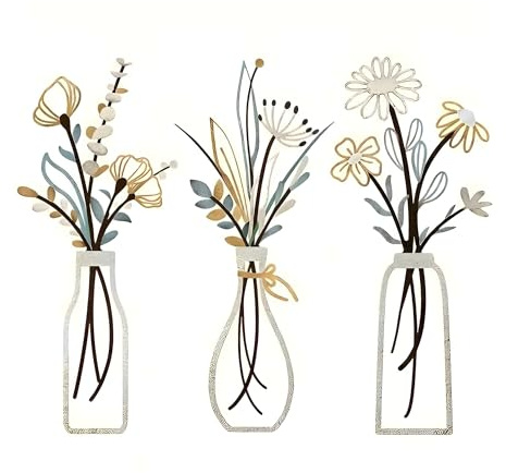 Metal Flower Wall Art – White Metal Flowers in Vase Design, 3D Floral Wire Artwork for Living Room, Bedroom, Bathroom, Kitchen, Patio, Garden Fence, Outdoor Wall Decorations (13.8x6, Set of 3)