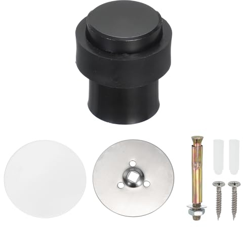 PATIKIL 1Set Round Door Stoppers, 46mm Stainless Steel Door Stop Doorstop Wedge Metal Cylinder Self Adhesive with Screw for Bottom of Door Floor Inside, Black