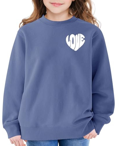Mjjsk Flickor rund hals sweatshirt hjärttryck långärmad tröjor barn mode Preppy pullover toppar barn vardag komfort mjuka kläder, L-blå, 13-14 Years