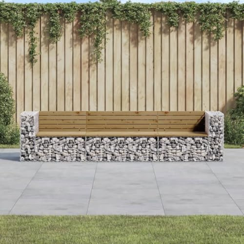 Teenpull Gabion Garden Bench, 287 x 71 x 65.5 cm, Impregnated Pine Wood, Robust Galvanised Steel, Weatherproof, for Garden, Patio, Outdoor