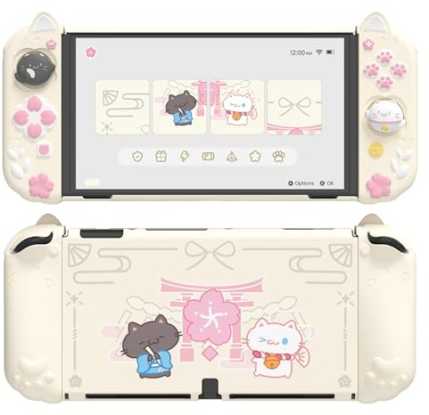 playvital Coque pour Switch OLED Protective Case,Jaune Antique | avec Support&Capuchon Joystick,Housse Rigide Dockable pour Nintendo Switch OLED et Grip Silicone pour Joycon-Chaton Cerisiers