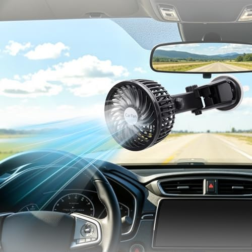 D-Lumina Ventilador Giratorio 360 Para Coche Encendedor,Portátil Silencioso con 2 Velocidades Ajustables Para Camiones, Barco, Auto, Vehículos (Ventosa) Aire Acondicionado Coche