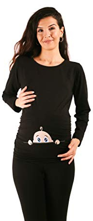 M.M.C. Neugieriges Baby - Umstandsmode Umstandsshirt mit Motiv Sweatshirt Schwangerschaftsshirt für die Schwangerschaft, Langarm (Schwarz, Medium)