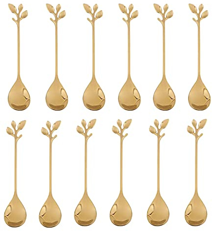 Gold Leaf Coffee Spoon Soup Spoons Sugar, Ice-Cream Tea Stirring 4.8 Inches Retro Dessert Demitasse Espresso Cutlery Kitchen Tableware-Set of 12