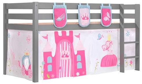 Vipack Spielbett Pino mit Textilset Vorhang und 3 Taschen Princes Kiefer massiv grau lackiert