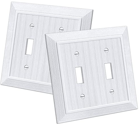 CML Classic Double Toggle Light Switch Wall Plate, 2-Gang Outlet Covers, Vintage Retro Wood Grain Design, Standard Size 4.95”X 4.87”, Impact Resistant, 2-Pack, White