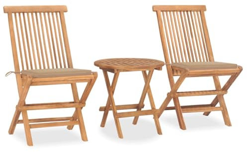 vidaXL Teak Massiv Gartenmöbel 3-TLG. mit Kissen Klappbar Bistroset Balkonset Balkonmöbel Tisch Stühle Sitzgruppe Gartengarnitur Gartenset