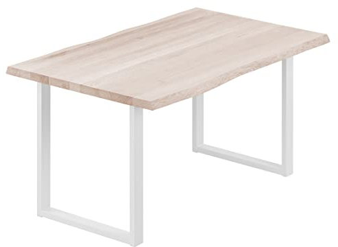 LAMO Manufaktur Esstisch Küchentisch Schreibtisch Couchtisch aus Massivholz, mit Baumkante 140x60x76 cm (AxBxH), Loft, Roh/Weiss, LNB-01-A-001-9016L