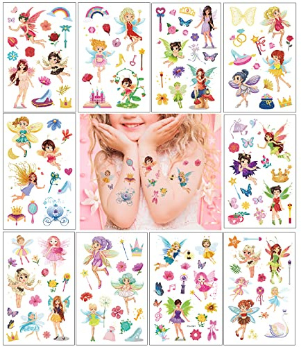 Tattoo 10 Blätter, Fee Temporäre Tattoo Set, Wasserdichte Kindertattoos Stickers für Mädchen Geburtstag Mitgebsel, Feen Prinzessin Party Dekor Geschenk