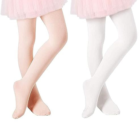 Zando Collant elastici da ragazza, collant sottili per bambine, collant da balletto, collant termici per bambini, 2 paia bianco e rosa, 3-6 Jahre