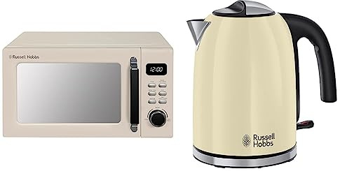Russell Hobbs RHM2026C STYLEVIA 20 Litre 800 W Cream Digital Microwave, 5 Power Levels, Mirror Finish, 8 Auto Cook Settings & 20415 Stainless Steel Electric Kettle, 1.7 Litre, Cream