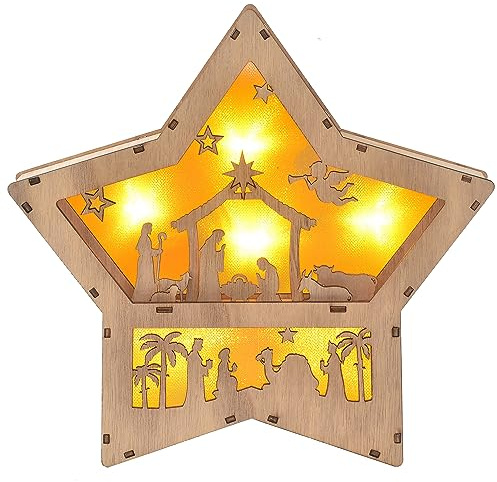 IDATOO Christmas Nativity Set, Wooden Star Shaped Nativity Scene LED Light, 3D Christmas Decor, Indoor Festive Ornament, Winter Decoration Centerpiece for Table Tiered Tray Fireplace Mantel (Star)