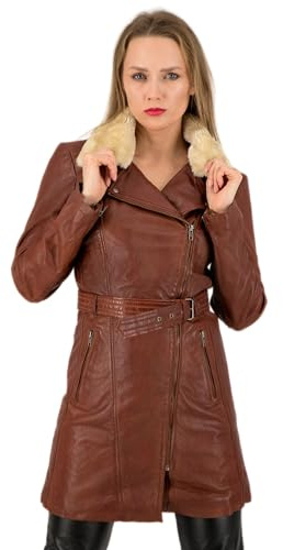 URBAN 5884 Chaqueta de Cuero para Mujer, MILOU, Abrigo de Piel de Cordero Auténtica, Chaqueta de Invierno Suave al Tacto, Marrón, S