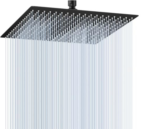 KINLIV Soffione doccia quadrato a pioggia da 40,6 cm (nero opaco), grande soffione fisso ad alta pressione, SS304 1/16 ultra sottile, a cascata per immersione completa del corpo con ugelli in