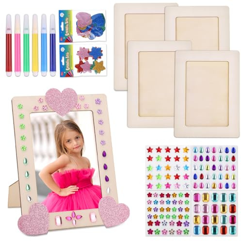 Fentar DIY Kinder Bilderrahmen Set, Holzbilderrahmen Bastelset Kindergeburtstag mit Diamant Aufkleber Farbstifte Flash Aufkleber, Naturholz Holzbilderrahmen Bilderrahmen Klein für Kinder